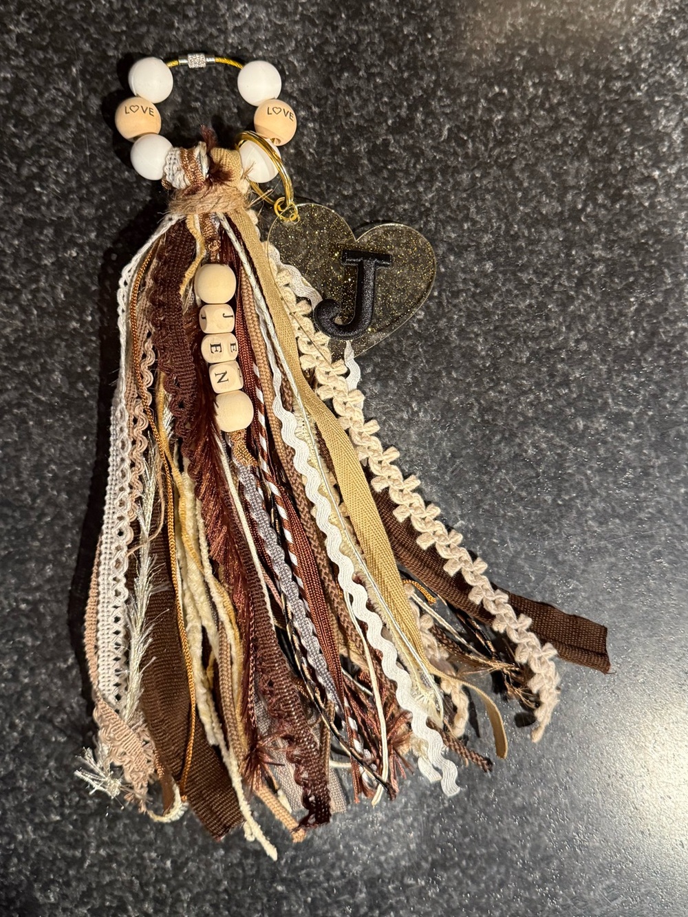 Personalized Brown Tassel Keychain with Wooden Beads and Initial Charm